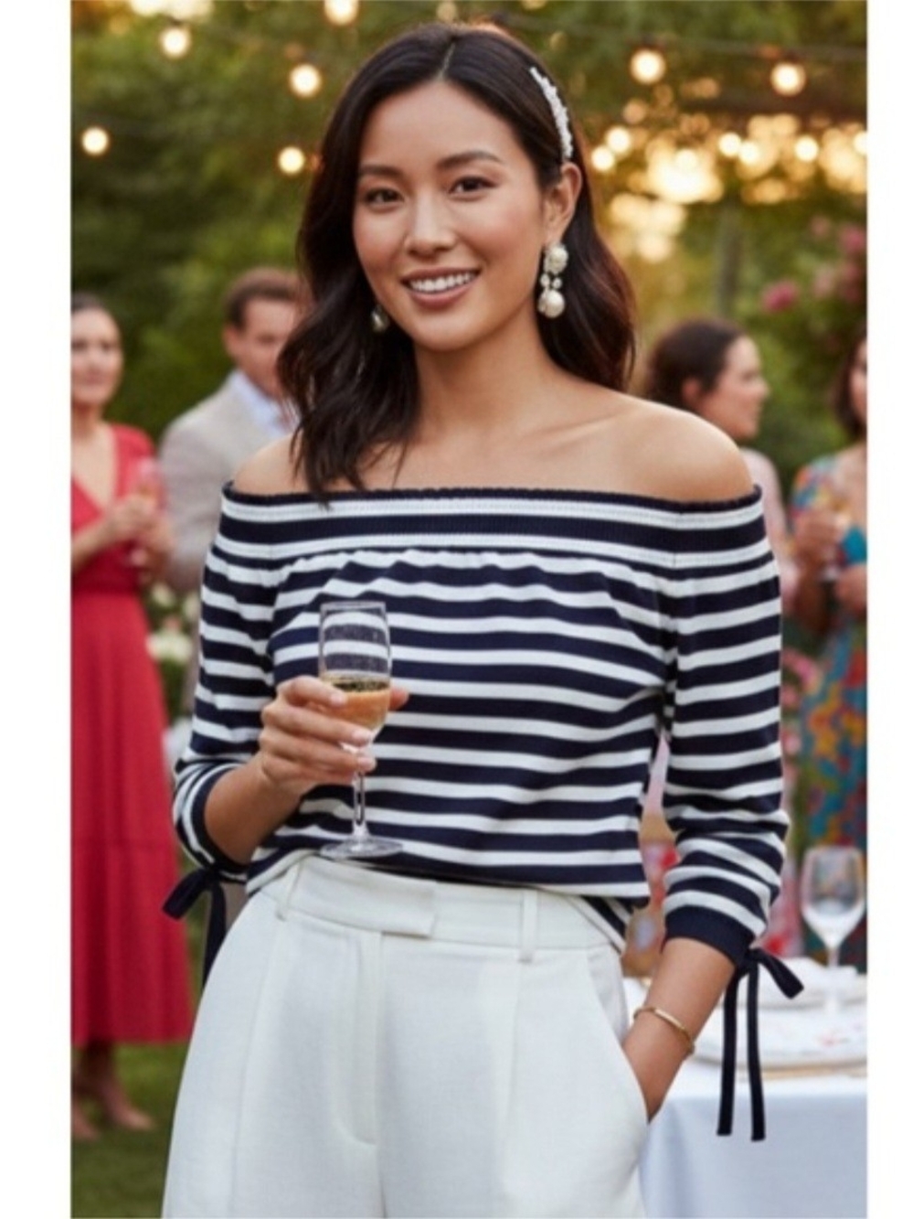 J. Crew Navy and White Striped Off-Shoulder Top With Tie Sleeve Detail